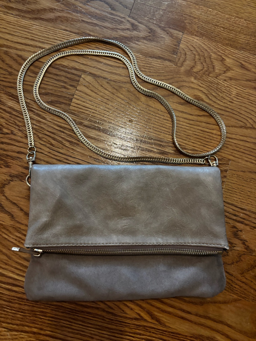 Neiman Marcus Fold-Over Crossbody Bag in Taupe with Gold Chain
